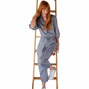 Trovata Birds Of Paradise Ingrid Jumpsuit Blue Chambray Cotton Linen Blend Med